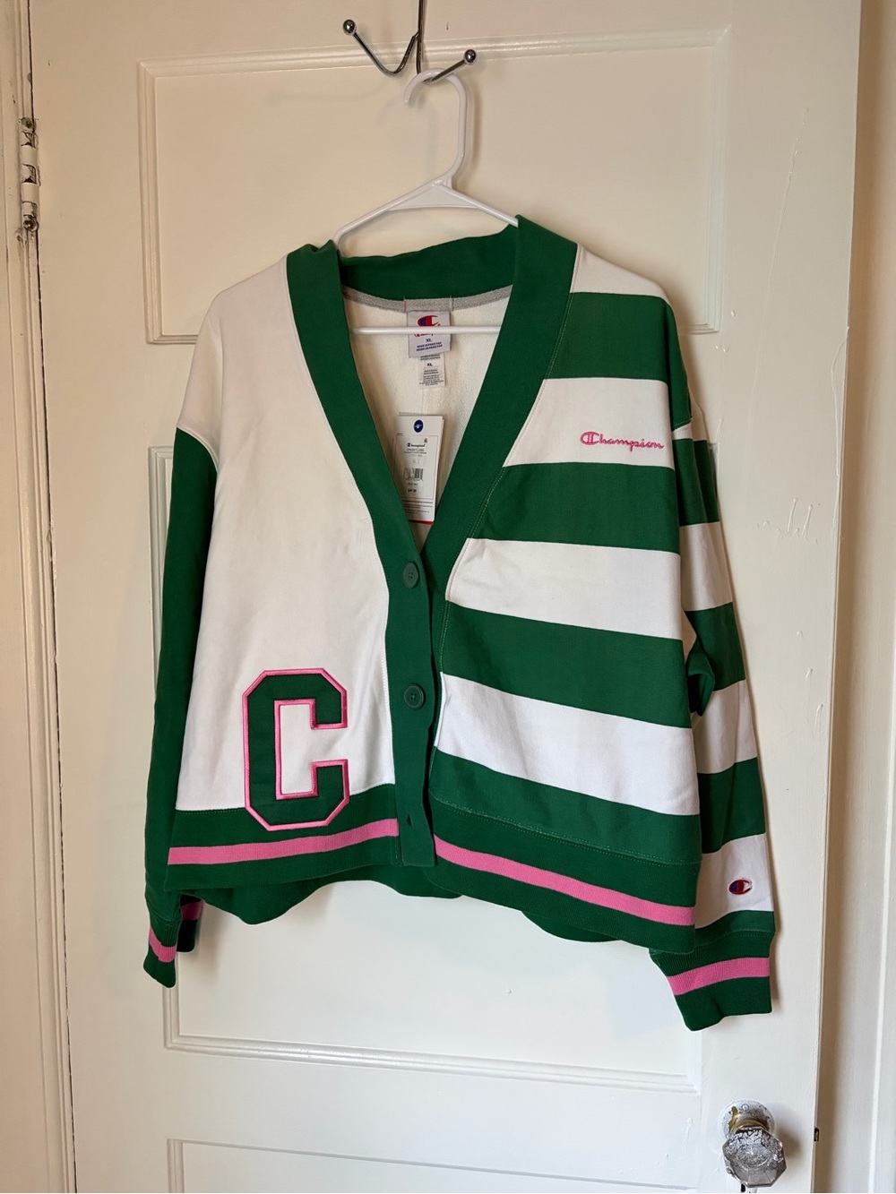Champion Green & White Striped Cardigan with Pink Trim
